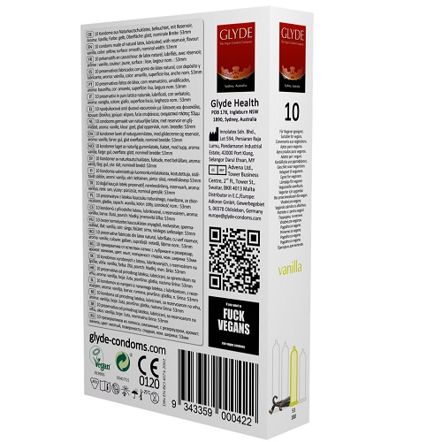 Glyde condom packaging with text and branding on a white background