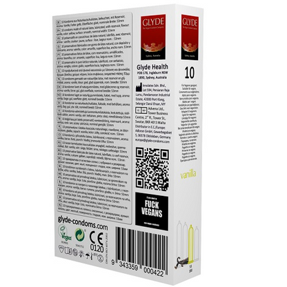 Glyde condom packaging with text and branding on a white background