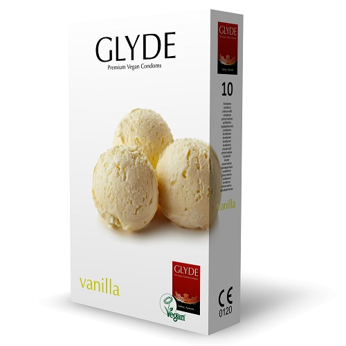 Glyde vanilla flavored condoms packaging on a white background