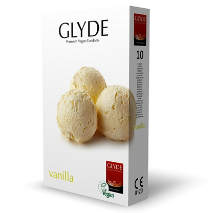 Glyde vanilla flavored condoms packaging on a white background