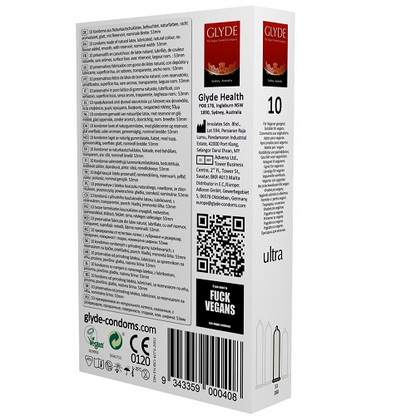 Glyde condom packaging with text and branding on a white background