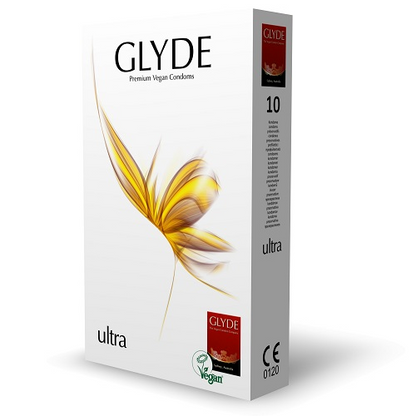 Glyde ultra condom packaging on a white background