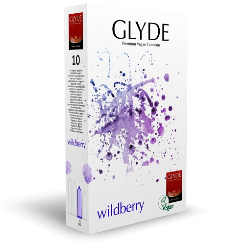 Glyde wildberry condom packaging on a white background