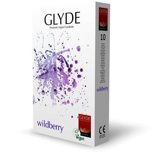 Glyde wildberry condom packaging on a white background