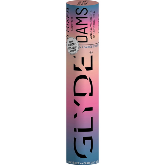 Glyde oral dam container with gradient design on a white background