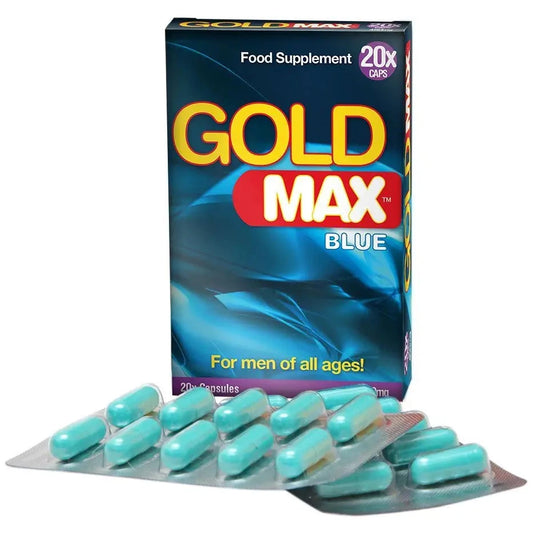 Gold Max Blue food supplement packaging with capsules on a white background