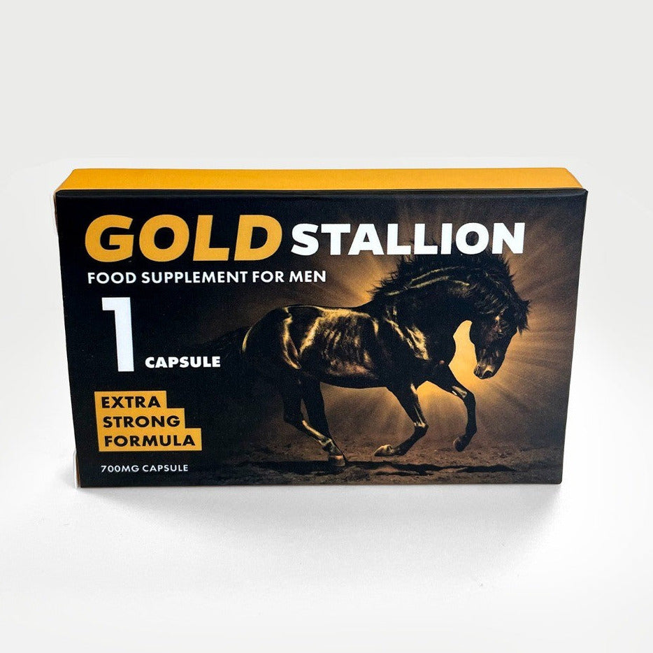 Gold Stallion food supplement for men packaging on a white background