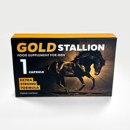 Gold Stallion food supplement for men packaging on a white background