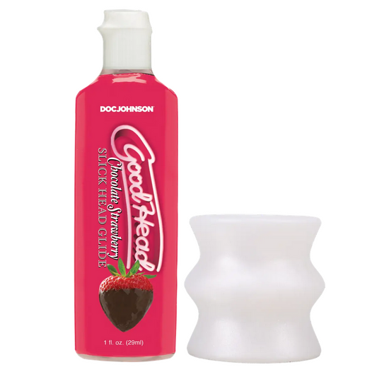 Pink bottle of Doc Johnson GoodHead Slick Head Strawberry Chocolate Glide with a white cap on a white background.