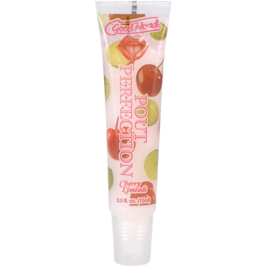 Lip balm tube with cherry design on a white background
