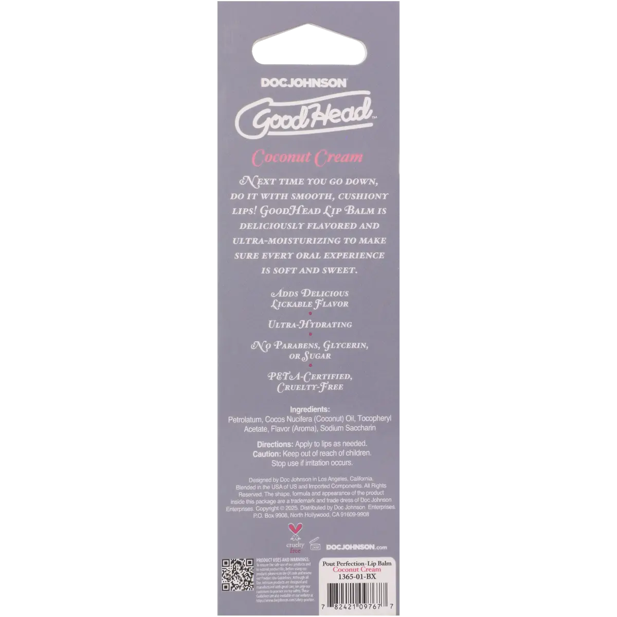 Doc Johnson GoodHead Coconut Cream lip balm packaging with text on a white background