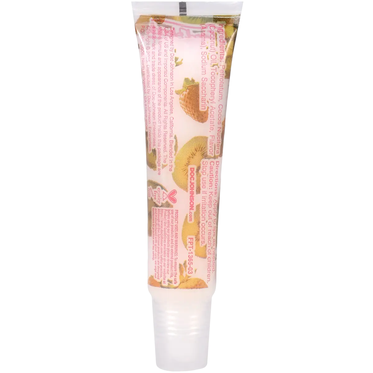 Tube of lip balm with a pink label on a white background
