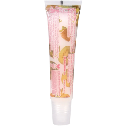 Tube of lip balm with a pink label on a white background