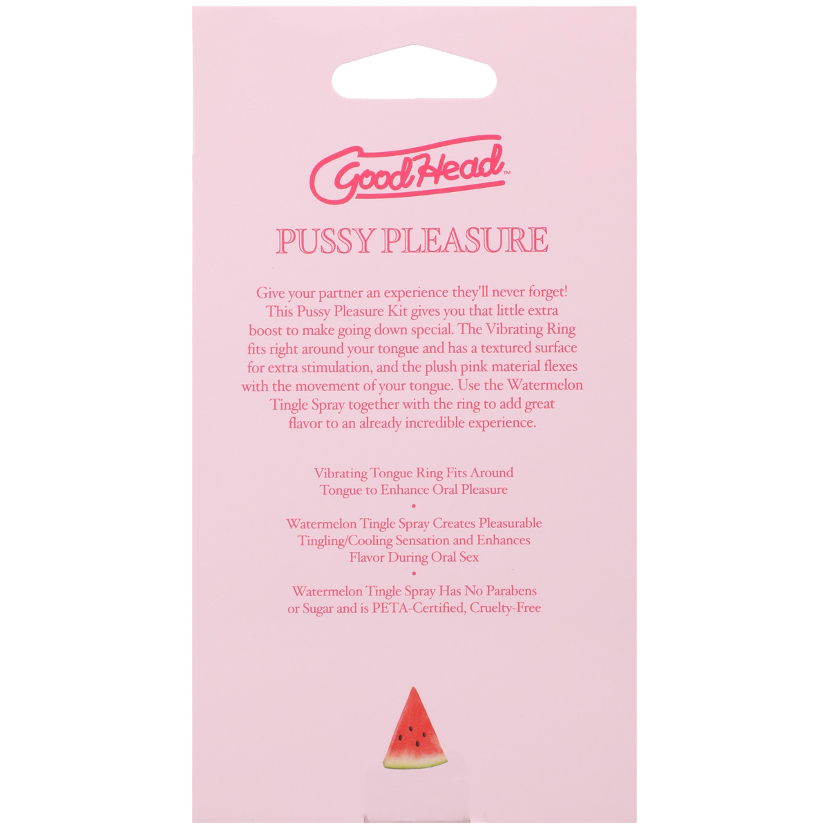 Pink packaging of 'GoodHead' Pussy Pleasure product with text and watermelon illustration.