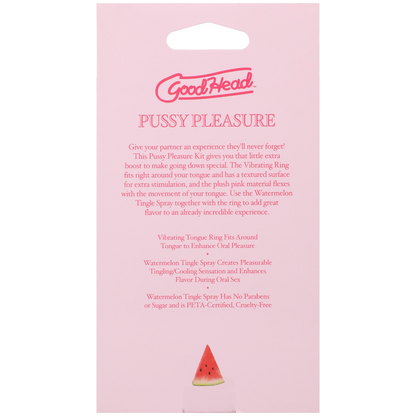 Pink packaging of 'GoodHead' Pussy Pleasure product with text and watermelon illustration.