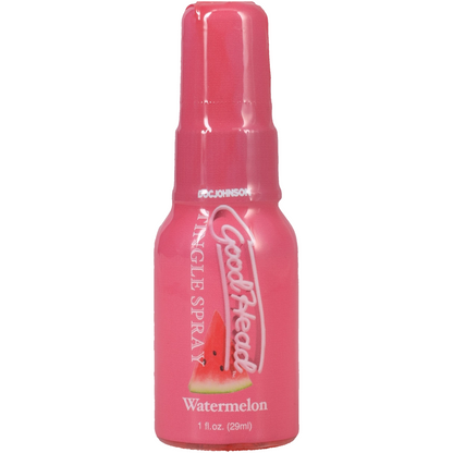 Pink bottle of GoodHead Tingle Head Spray with watermelon flavor on a white background
