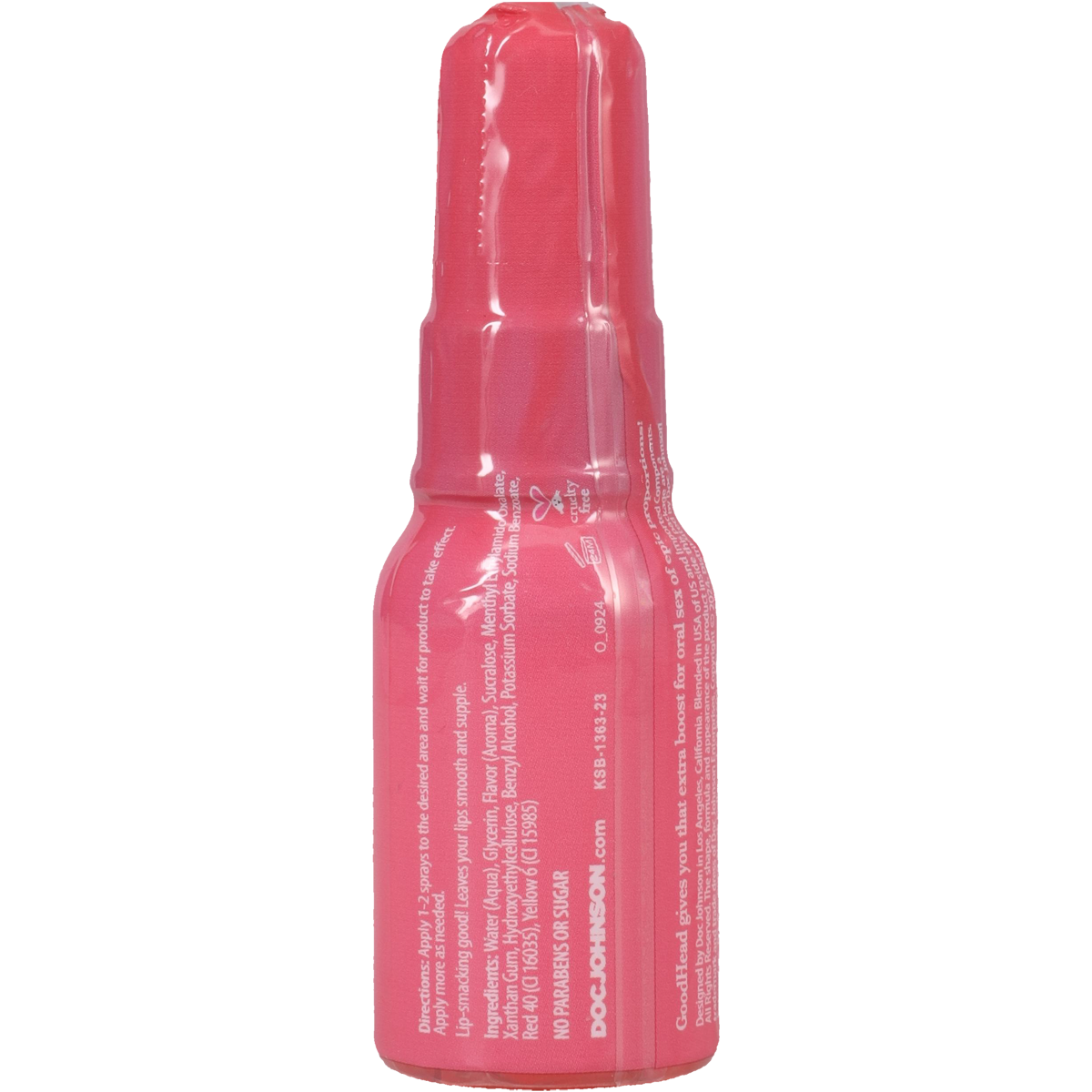 Pink spray bottle with text on a white background