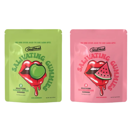 Two colorful packages of 'GoodHead' gummies, one green with a green apple and one pink with a watermelon, on a white background.