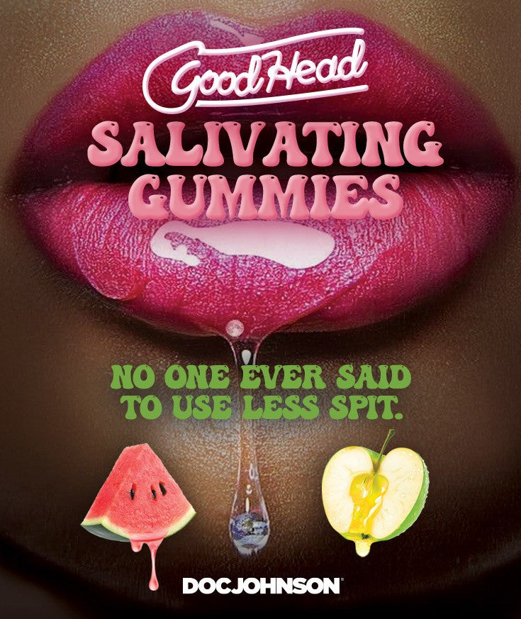 Promotional graphic for 'GoodHead Salivating Gummies' with a mouth, gummy, and fruit illustration.