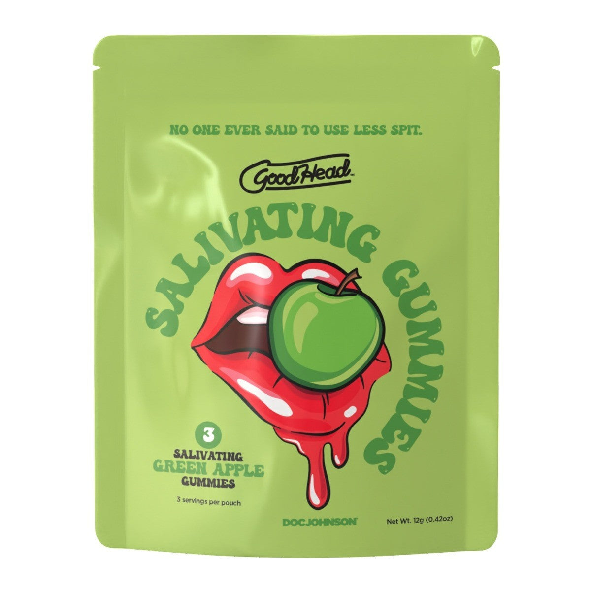 Green package of 'GoodHead' salivating green apple gummies with a graphic of a mouth and apple.