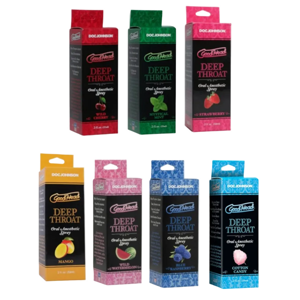 Assorted boxes of Goodland Deep Throat spray on a white background