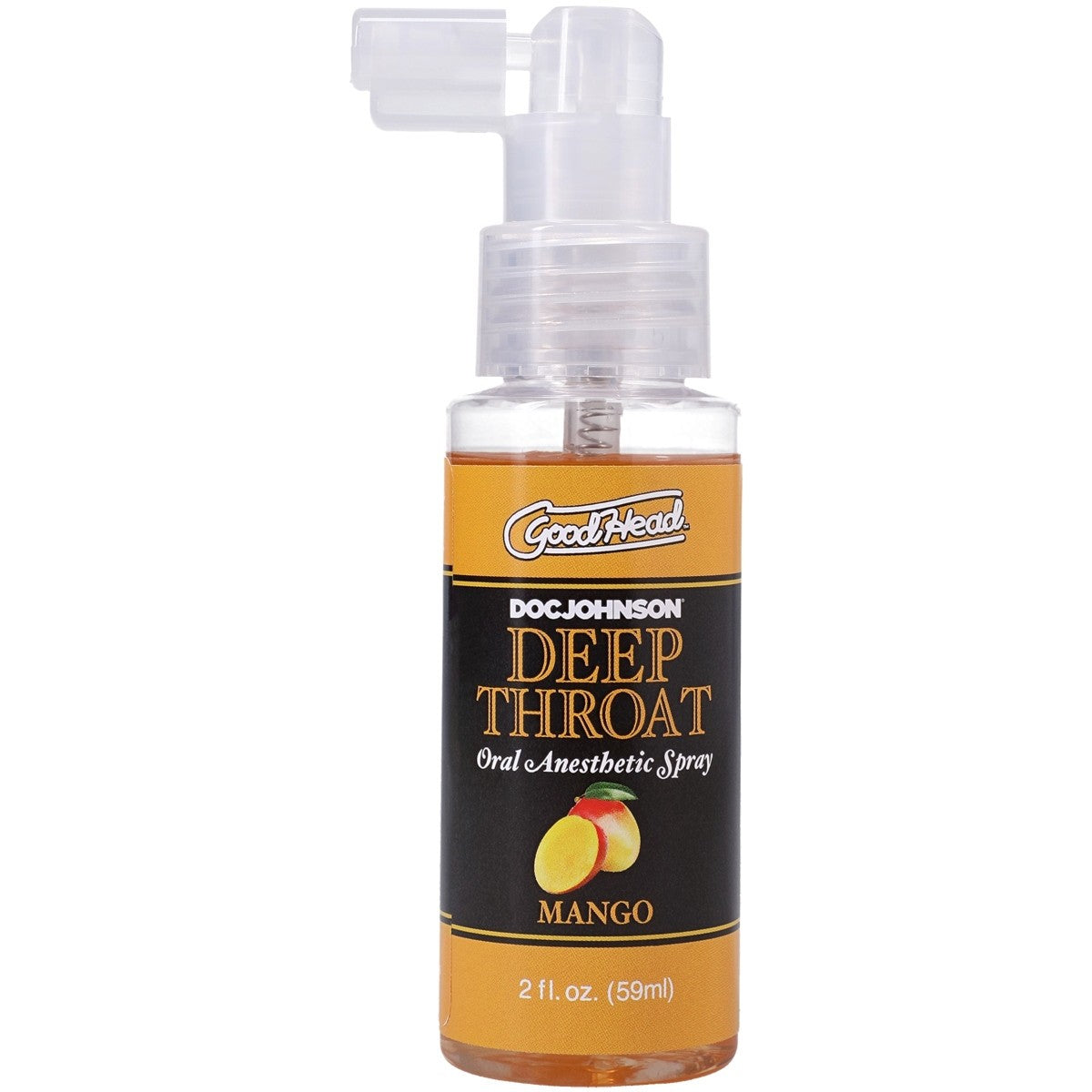 GoodHead Doc Johnson Deep Throat Oral Anesthetic Spray bottle with mango flavor on a white background
