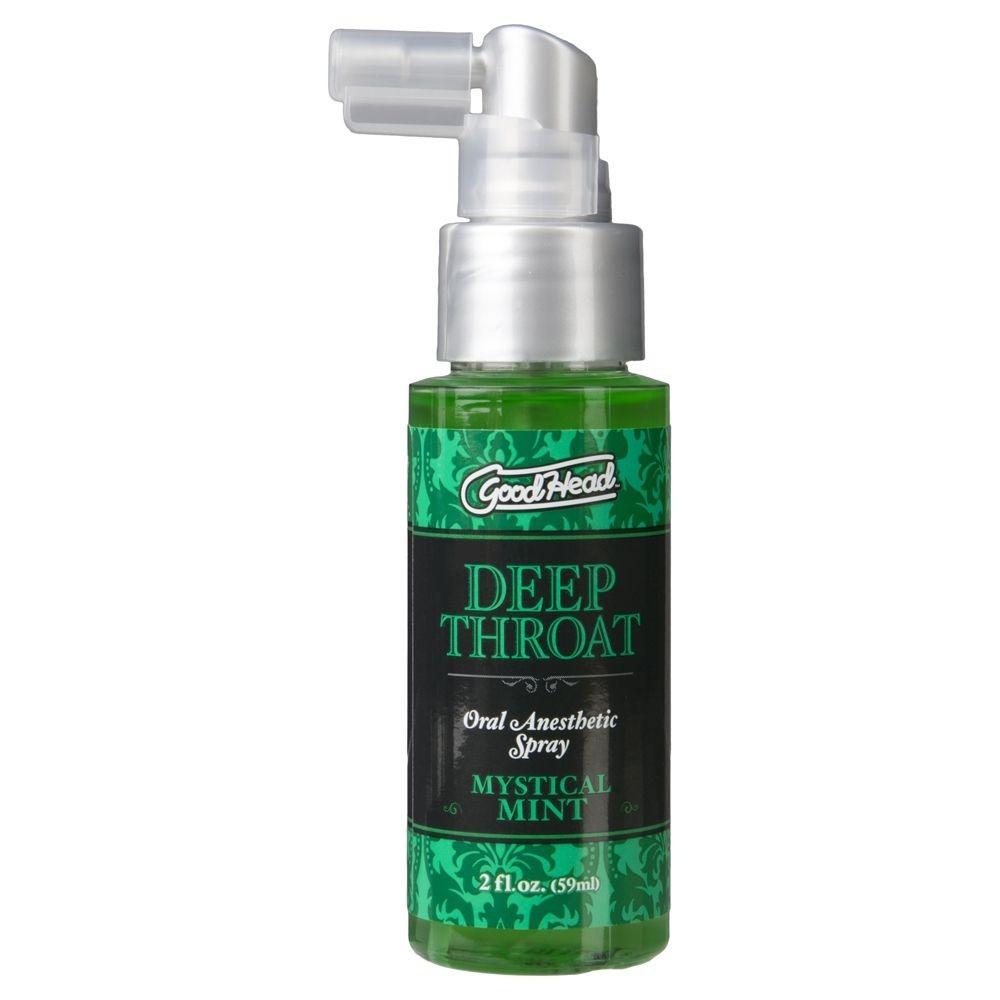 Green spray bottle labeled 'GoodHead Deep Throat' on a white background