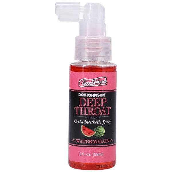 Bottle of GoodHead Deep Throat Oral Anesthetic Spray with watermelon flavor on a white background