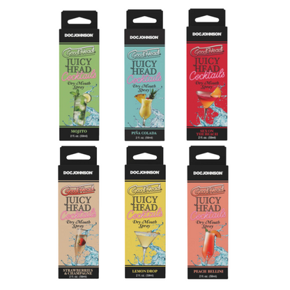 Set of six packages of Doc Johnson Juicy Head Dry Mouth Spray with colorful labels and drink illustrations on a white background.