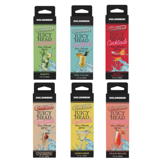 Set of six packages of Doc Johnson Juicy Head Dry Mouth Spray with colorful labels and drink illustrations on a white background.