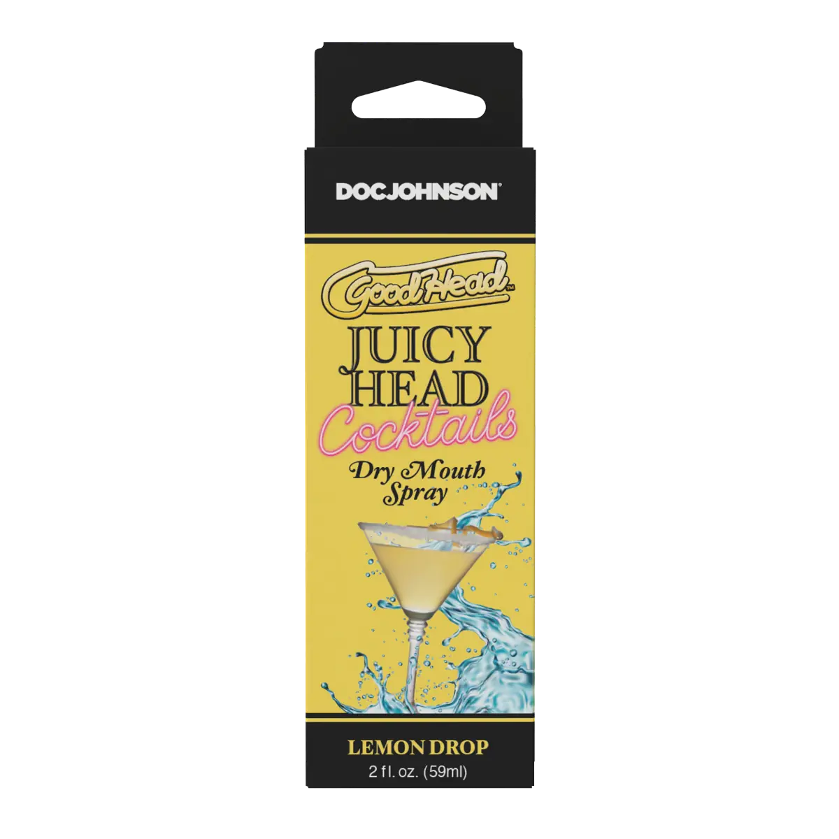 Box of Doc Johnson GoodHead Juicy Head Cocktails Lemon Drop dry mouth spray on a white background
