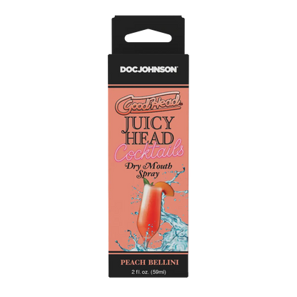 Box of Doc Johnson GoodHead Juicy Head Cocktails Dry Mouth Spray Peach Bellini flavor on a white background