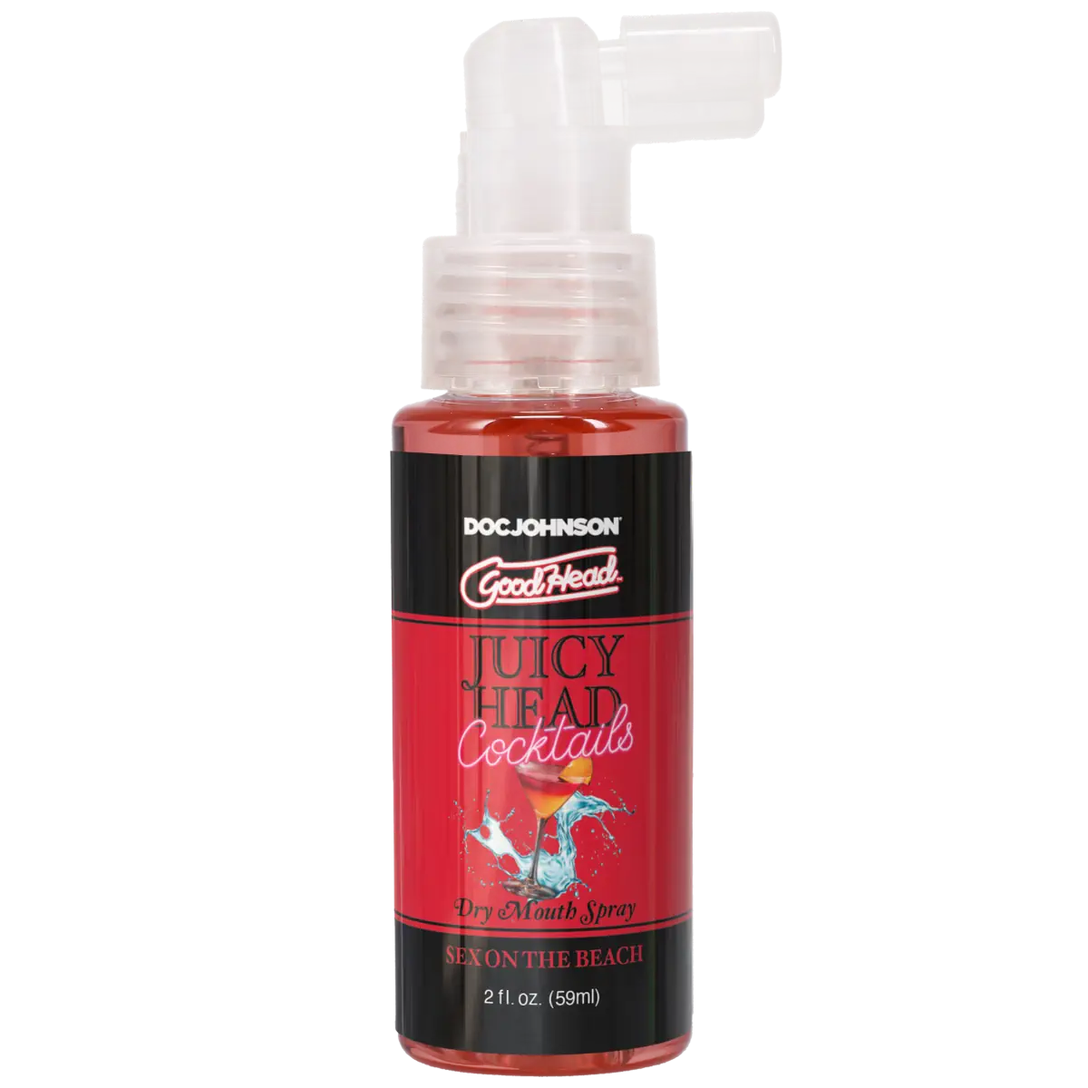 Red bottle with a pump labeled 'Doc Johnson GoodHead Juicy Head Cocktails' on a white background
