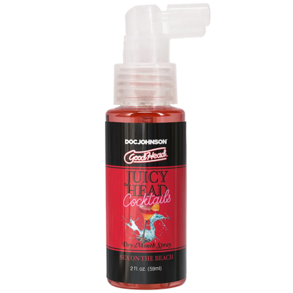 Red bottle with a pump labeled 'Doc Johnson GoodHead Juicy Head Cocktails' on a white background