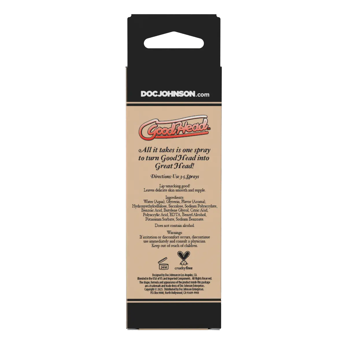 Back of a Doc Johnson Good Head product packaging with text and branding.