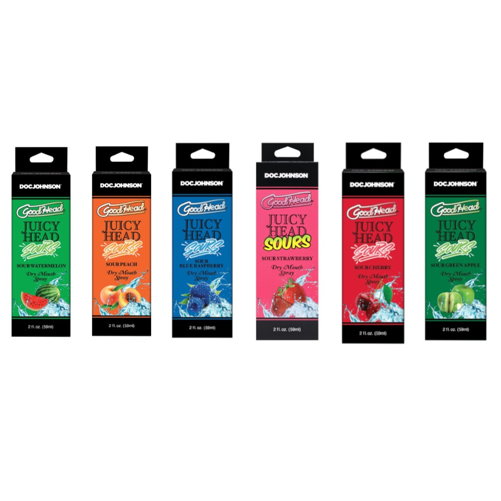 Set of Doc Johnson Juicy Head product boxes in various flavors on a white background