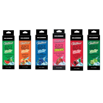 Set of Doc Johnson Juicy Head product boxes in various flavors on a white background