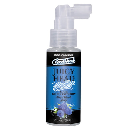 Bottle of Doc Johnson GoodHead Juicy Head Sour Blue Raspberry dry mouth spray on a white background