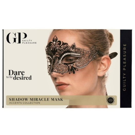 Decorative mask with 'Guilty Pleasure' branding on a white background