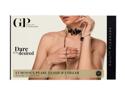 Product packaging for 'Luminous Pearl Leash & Collar' by Guilty Pleasure with a model wearing the product.