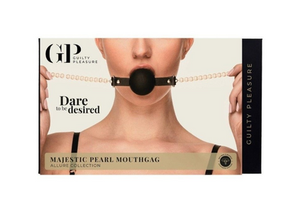 Majestic Pearl Mouthgag packaging with a model wearing it on a beige background