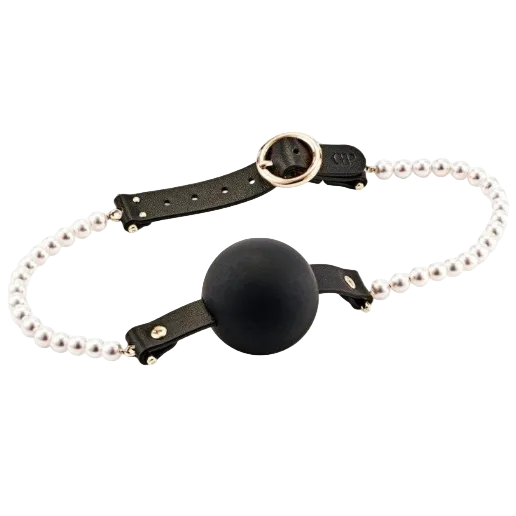 Black ball gag with a beaded chain on a white background