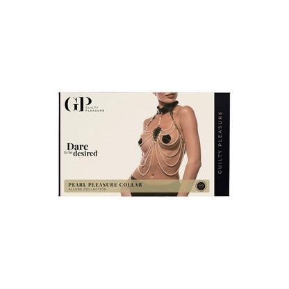 Guilty Pleasure pearl pleasure collar packaging with model wearing the product on a white background