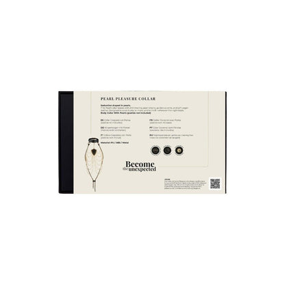 Product packaging for 'Pearl Pleasure Collar' with branding and product details on a white background.