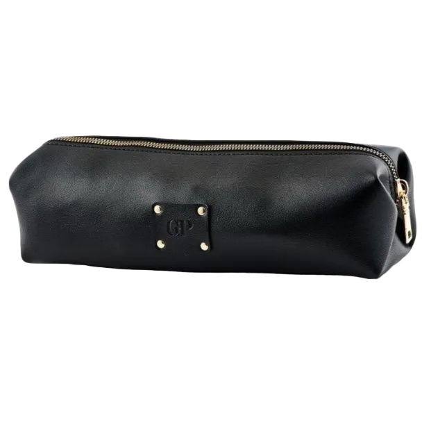 Black leather pouch with gold zipper on a white background