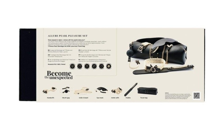 Product packaging with a black leather bag and accessories on a beige background