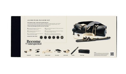 Product packaging with a black leather bag and accessories on a beige background