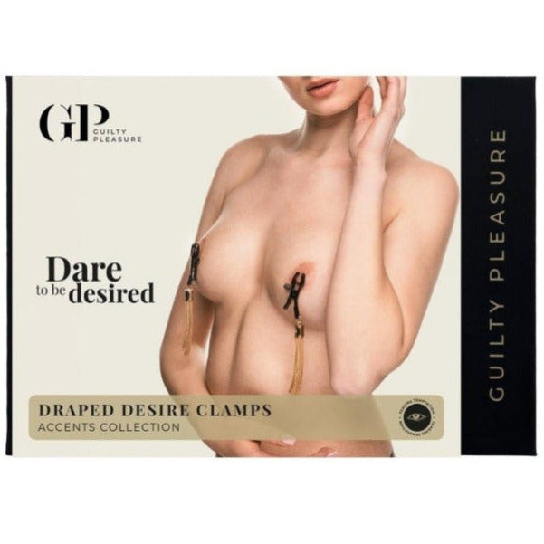 Product packaging for 'Draped Desire Clamps' by Guilty Pleasure with a model wearing the product.