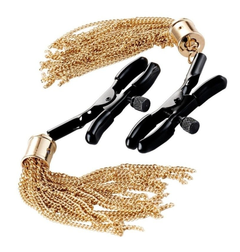 Guilty Pleasure Draped Desire Nipple Clamps Black Gold BDSM Bondage Fetish Kink
