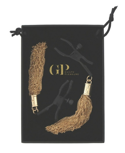 Guilty Pleasure Draped Desire Nipple Clamps Black Gold BDSM Bondage Fetish Kink